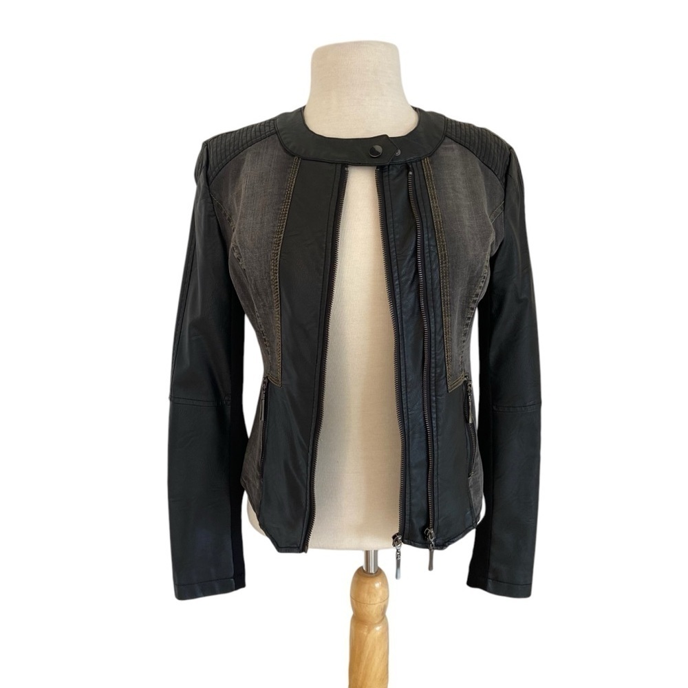 Oxygen jacket denim &vegan leather mix black zipper front pockets stretchy Small